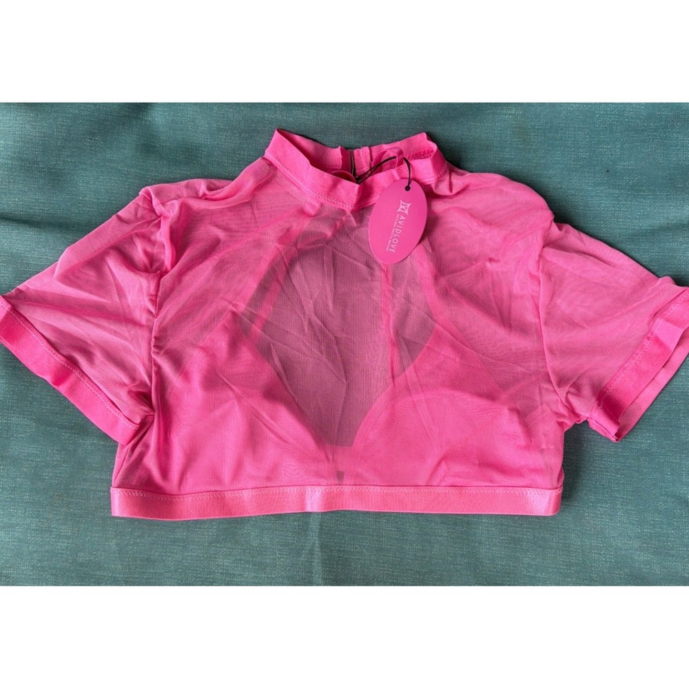 Avidlove Hot Pink Mesh Crop Top Mock Neck Open Back Sheer Festival Tee Small